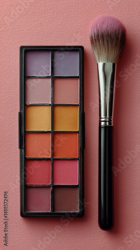 Colorful Eyeshadow Palette and Makeup Brush Displayed on Pink Background