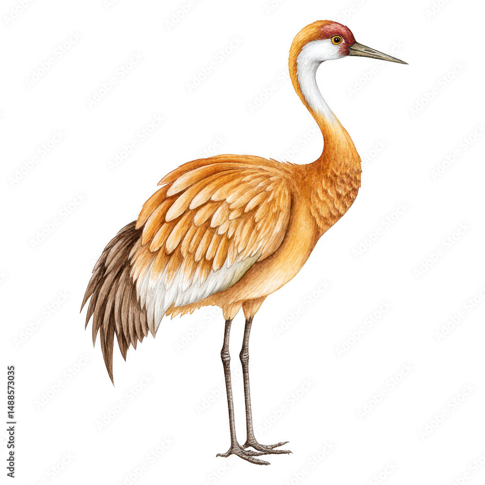 Fototapeta premium A graceful sandhill crane stands tall in a watercolor illustration art.