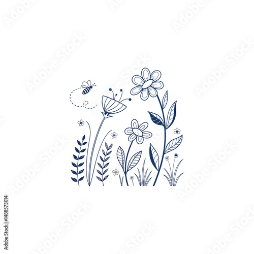 Blue flower vector floral background with butterflies
