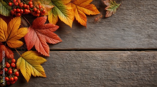 Autumn Leaves and Berries Arranged on a Rustic Wooden Table in Warm Colors