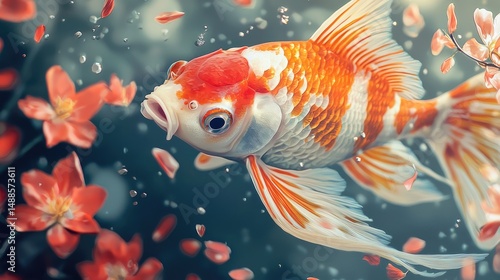 A colorful fish surrounded by floating flowers and bubbles.