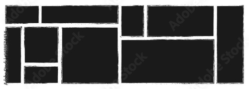Hand drawn grunge black frames set. Brush texture. Vector elements for design, decor, project, illustrations, templates. Square, rectangle. Isolated on a white background.