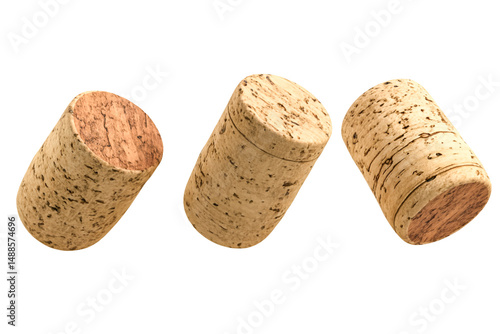 Three wine corks floating black background wine bottle stopper cork texture,