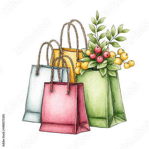 Watercolor illustration of colorful shopping bags with plants and berries.