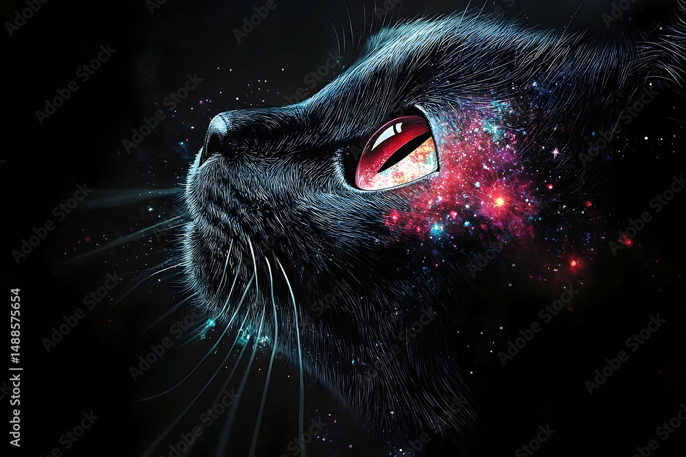 Black cat portrait, galaxy eye. Intense gaze toward the sky. Cosmic wonder. Detailed fur and whiskers Black cat portrait, galaxy eye. Intense gaze toward the sky. Cosmic wonder. Detailed fur and whiskers