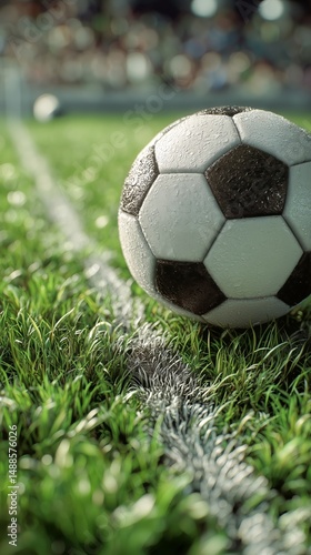 Soccer Ball Resting on Green Grass Field Ready for Play During Late Afternoon