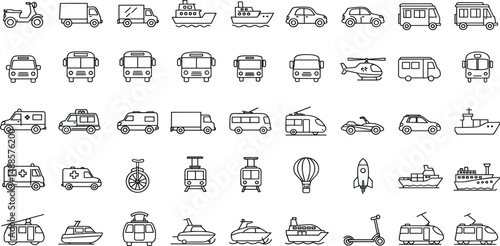 Vehicle Line Editable Icons set. Vector illustration in modern thin line style of transport icons types: taxi, train, helicopter, bus, ship, plane, tram and more.