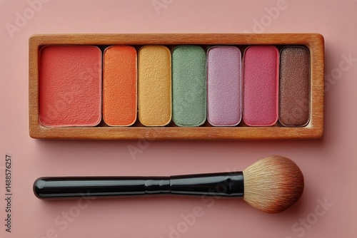 Colorful Blush Palette and Brush on Soft Pink Background for Makeup Application