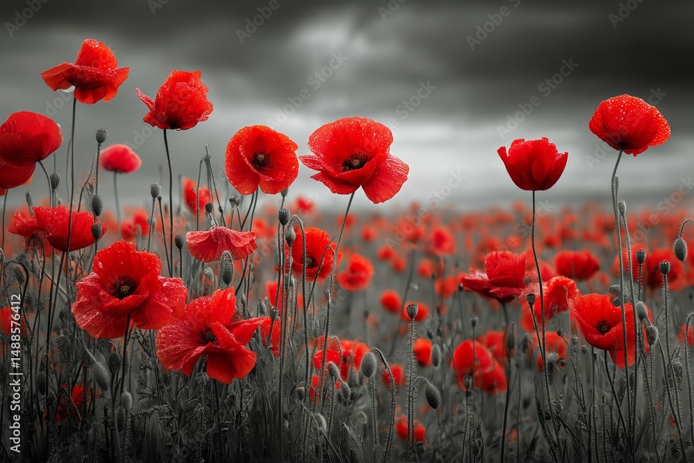 Obraz premium Vibrant Red Poppies Bloom in a Field Under a Dramatic Sky During the Early Evening Hours
