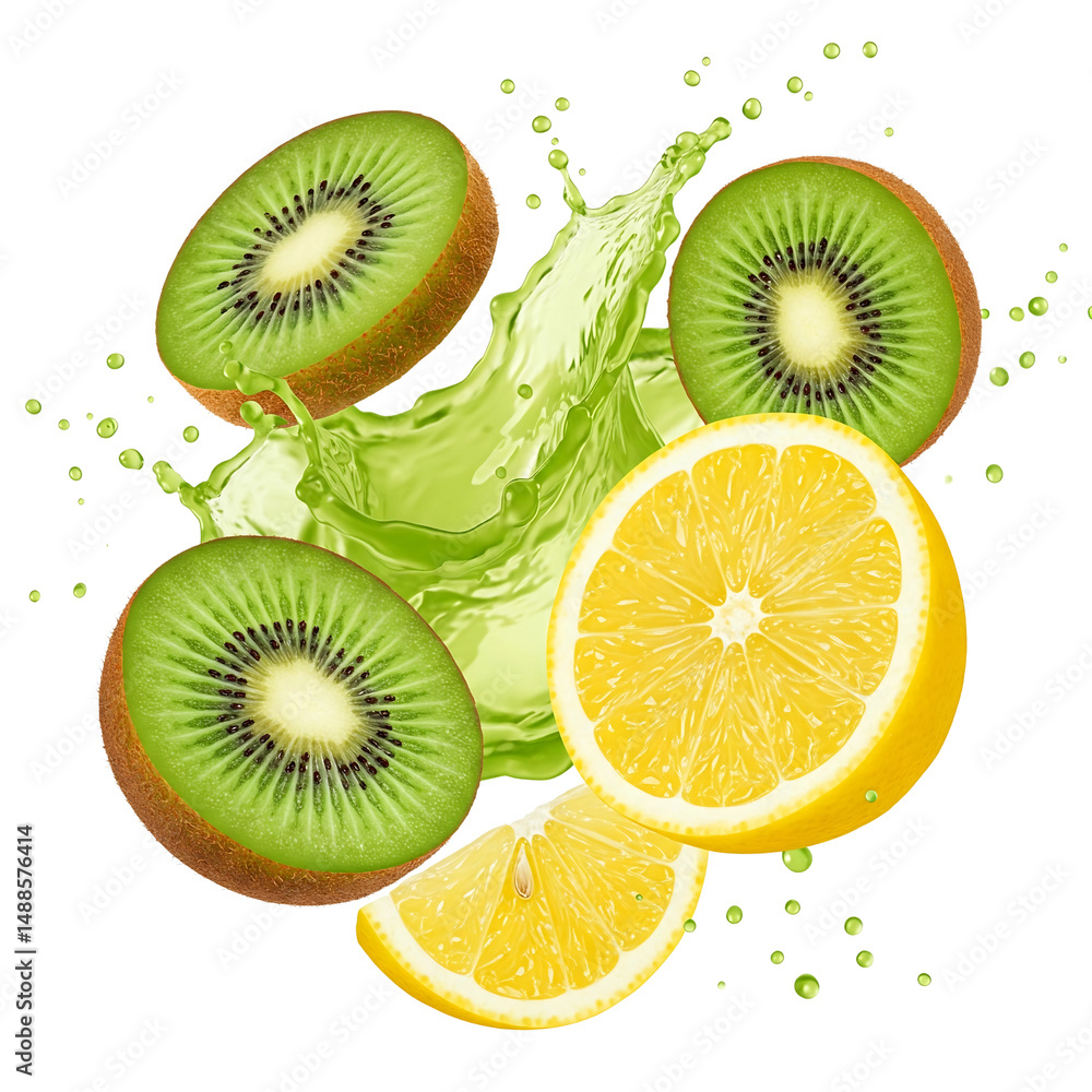 Fototapeta premium Kiwi and Lemon Slice with Splash on Transparent Background