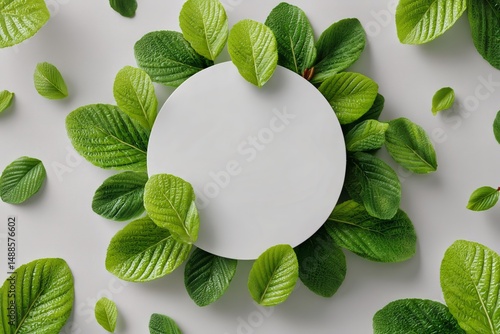 Green Leaves and Empty Circular Space for Creative Design in a Natural Theme