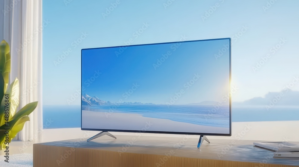 Fototapeta premium Modern living room interior, television on stand with decorative plant modern