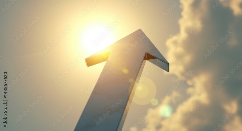 Fototapeta premium Arrow Pointing Upward Toward Bright Sky with Clouds