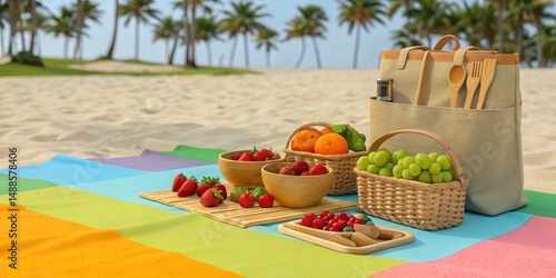 Colorful picnic setup on the beach with fruits and utensils in a basket.