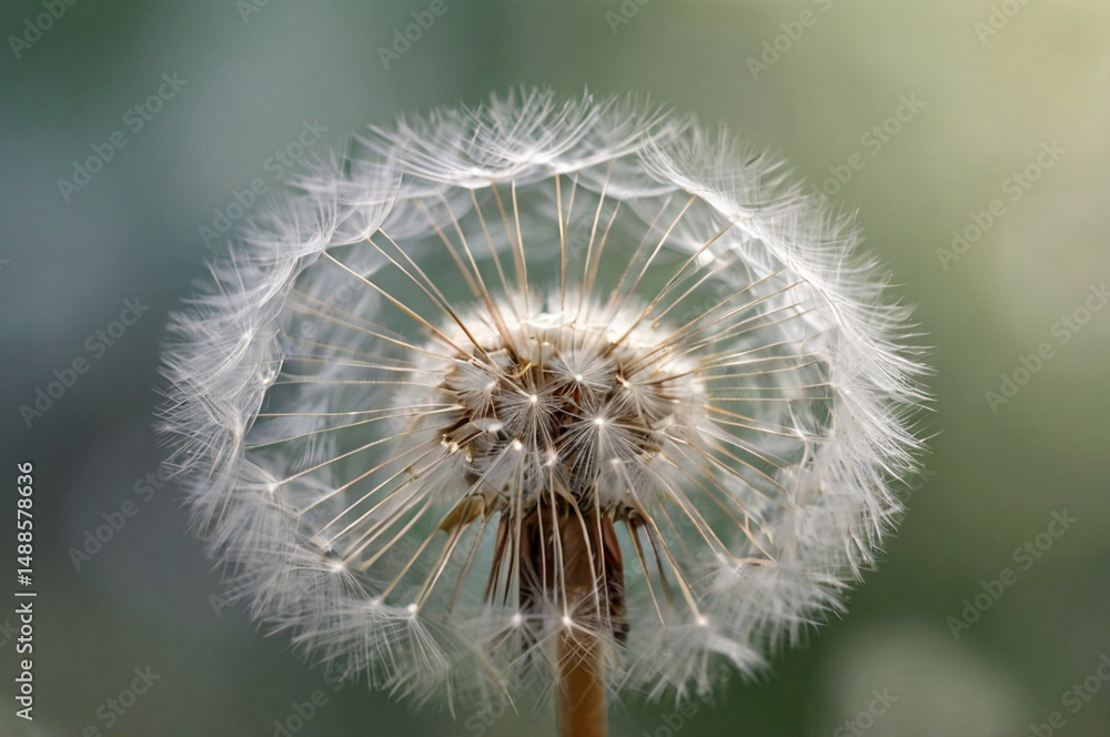Fototapeta premium Close-Up of White Dandelion Seed Head with Soft Blurred Background – Delicate Nature Detail