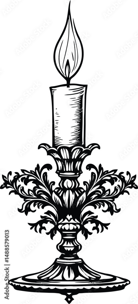 Ornate Candle Holder with a Lit Wax Candle, Featuring Intricate Leaf Patterns and Elegant Engraved Details, Representing Traditional Illumination and Vintage Decorative Art Ornate Candle Holder with a Lit Wax Candle, Featuring Intricate Leaf Patterns and Elegant Engraved Details, Representing Traditional Illumination and Vintage Decorative Art