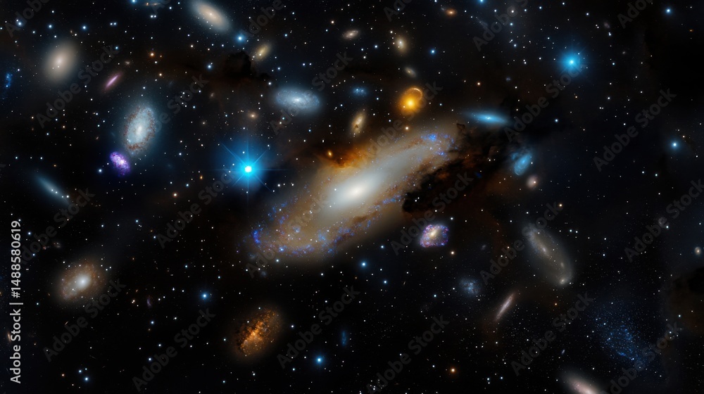 Fototapeta premium In the depths of space, a magnificent galaxy showcases a variety of celestial bodies, including bright stars and colorful nebulae, surrounded by countless galaxies