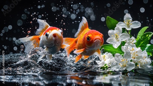 Two vibrant goldfish in a splash of water, surrounded by blossoms.