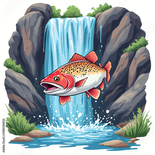 Vsai salmon jumping upstream waterfall in nature landscape