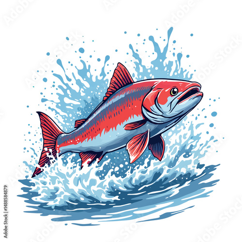 Vsai sockeye salmon jumping upstream in splashing water