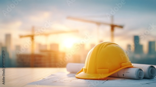 Construction Site Overview Urban Landscape Blueprint Focus Industrial Environment Sunset View Civil Engineering Concepts
