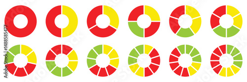 Circle section graph. Pie charts diagrams. Set of different color circles isolated. Infographic element round shape. Pie chart divided 3, 4, 5, 6, 7, 8, 9, 10, 11, 12 equal parts.  Used for analyzing.