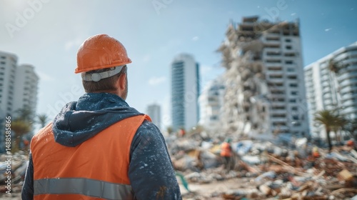 Construction Worker Surveys Aftermath of Building Site Collapse Urban Area Photography Disaster Scene Rear View Resilience