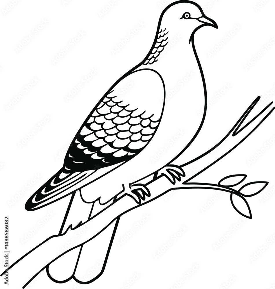 Obraz premium Line Art Pigeon Sitting on Tree Branch Illustration