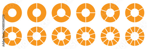 Circle pie chart diagram. 1,2,3,4,5,6,7,8,9,10,11,12 sections or steps. Progress sectors. Flat process cycle. Pie chart set. Circle section graph.  Circles arrow cut separated.  empty middle. 