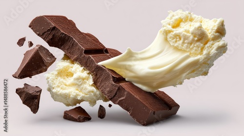 Chocolate bar is being smashed into pieces, and a scoop of ice cream is being poured over it. Concept of indulgence and decadence, as the combination of chocolate