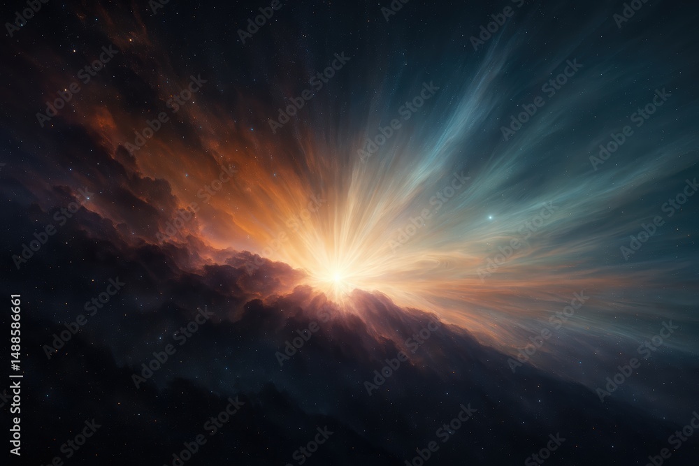 Naklejka premium Dramatic nebula with radiant cosmic light bursting through interstellar clouds in deep space. Science, astronomy, galaxy formation, and cosmic wonder concept. Image with copy space