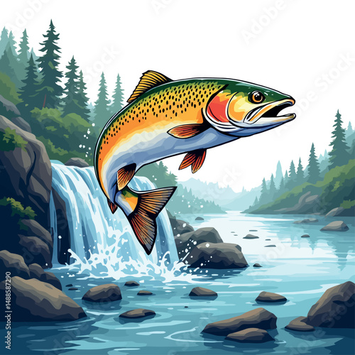 Vsai cutthroat trout jumping waterfall in mountain river