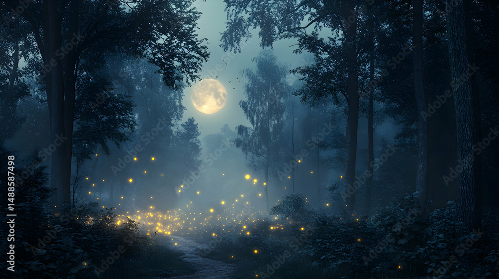 Fototapeta premium Enchanted Forest at Night with Fireflies Under a Full Moon