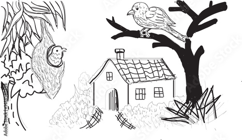 Bird and house Hand Drawing