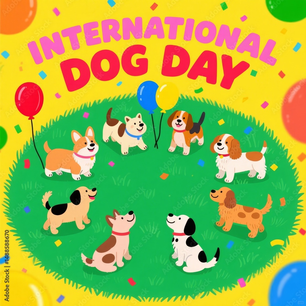 Celebrating International Dog Day with Joyful Pups in a Festive Park Fun Illustration Cheerful Atmosphere Vibrant Colors Celebrating International Dog Day with Joyful Pups in a Festive Park Fun Illustration Cheerful Atmosphere Vibrant Colors