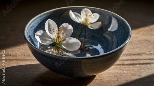 Wallpaper Mural Delicate White Blossoms Floating in a Rustic Blue Ceramic Bowl with Water. Torontodigital.ca