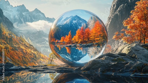 Reflective sphere showcasing a stunning autumnal landscape.