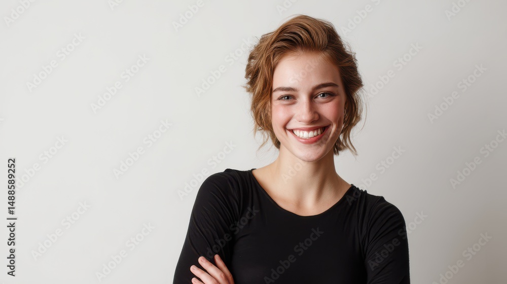Obraz premium Happy Young Woman with Short Hair Smiling Against Plain Background