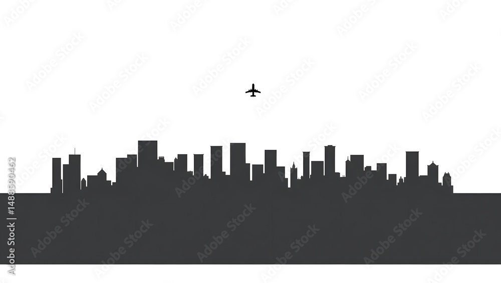 Fototapeta premium skyline with flying airplane 