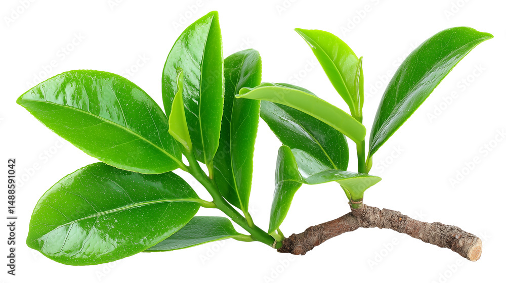 Green branch with fresh leaves isolated on white