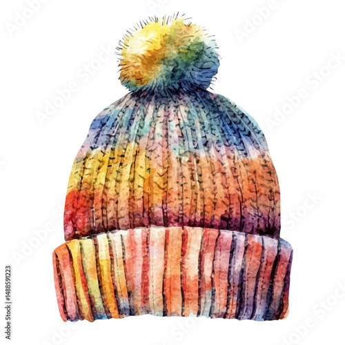 Woolen Beanie With A Pom-pom, watercolor drawing vector, high quality, isolated on a white background.