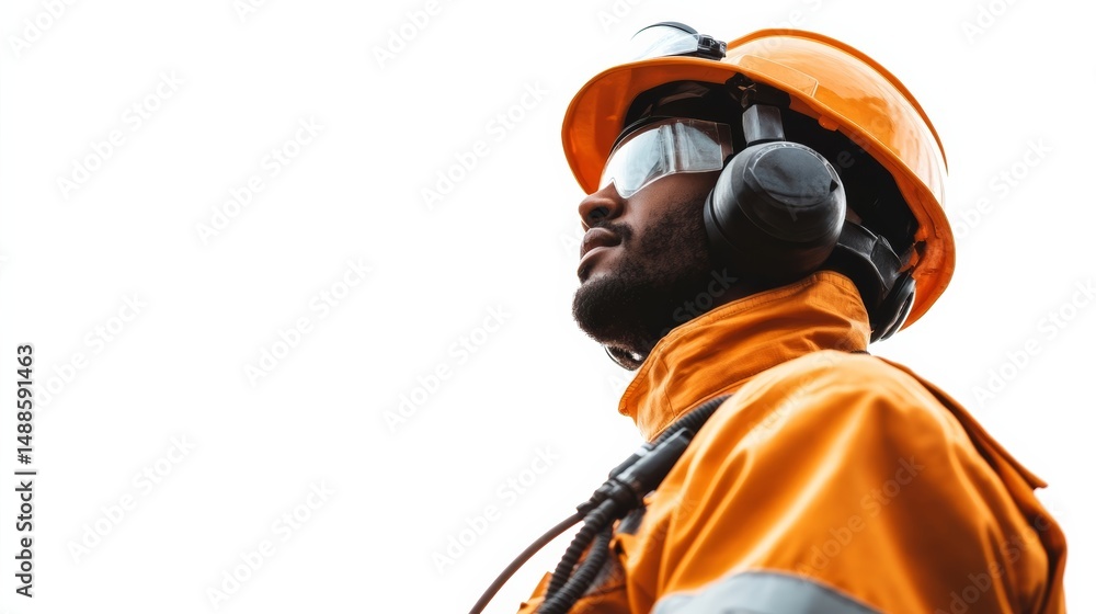 Obraz premium An American refinery worker in a fire-resistant suit, monitoring refinery equipment, isolated on a clean white background,