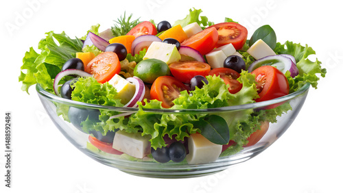 Freshly tossed salad bursting with vibrant colors and textures in a clear glass bowl, perfect for any healthy meal or gathering celebrated in sunny afternoon light Generative AI