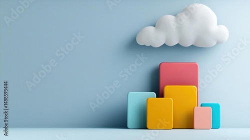3d rendering of a white cloud on a light blue background. the cloud is floating above a stack of colorful blocks in shades of pink, orange, yellow, and blue.