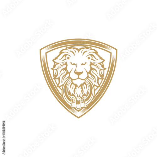 Golden heraldic emblem design features a shield with wings as a vintage symbol of protection and military insignia