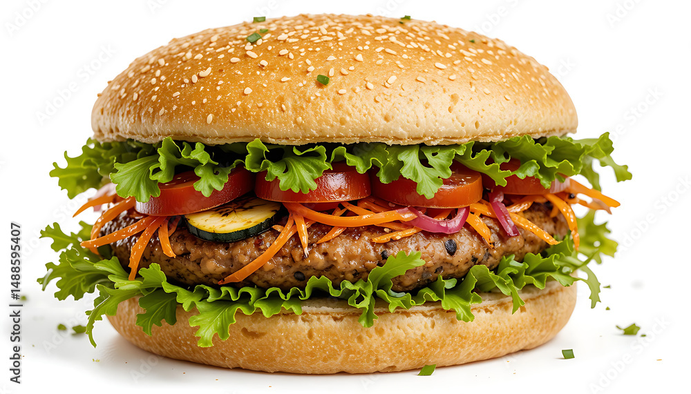 A fresh veggie burger with lettuce, tomato on a whole wheat bun, clean composition A fresh veggie burger with lettuce, tomato on a whole wheat bun, clean composition