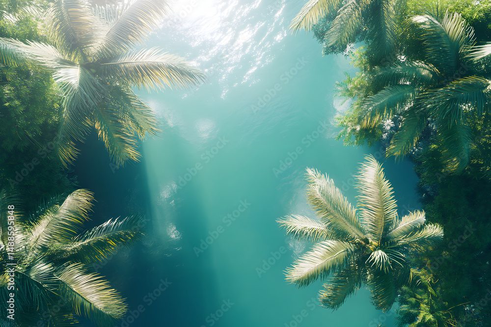 Naklejka premium Serene tropical island oasis with palm tree tranquil waters 3d render minimalist aerial view