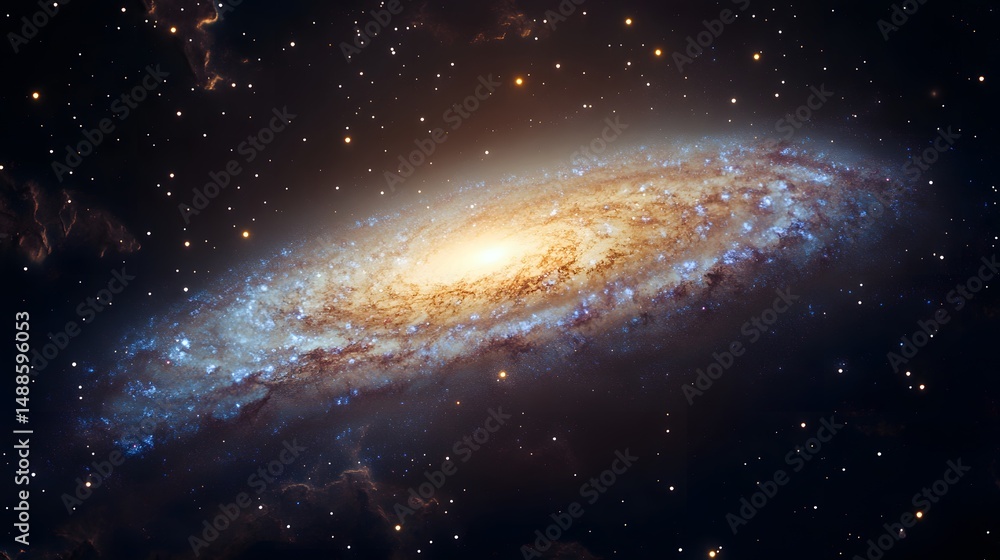 A stunning spiral galaxy with golden and bluish arms swirling from a bright core, set against a backdrop of countless stars. Dust lanes add depth and drama. Astronomy and Galaxy backgrounds. A stunning spiral galaxy with golden and bluish arms swirling from a bright core, set against a backdrop of countless stars. Dust lanes add depth and drama. Astronomy and Galaxy backgrounds.