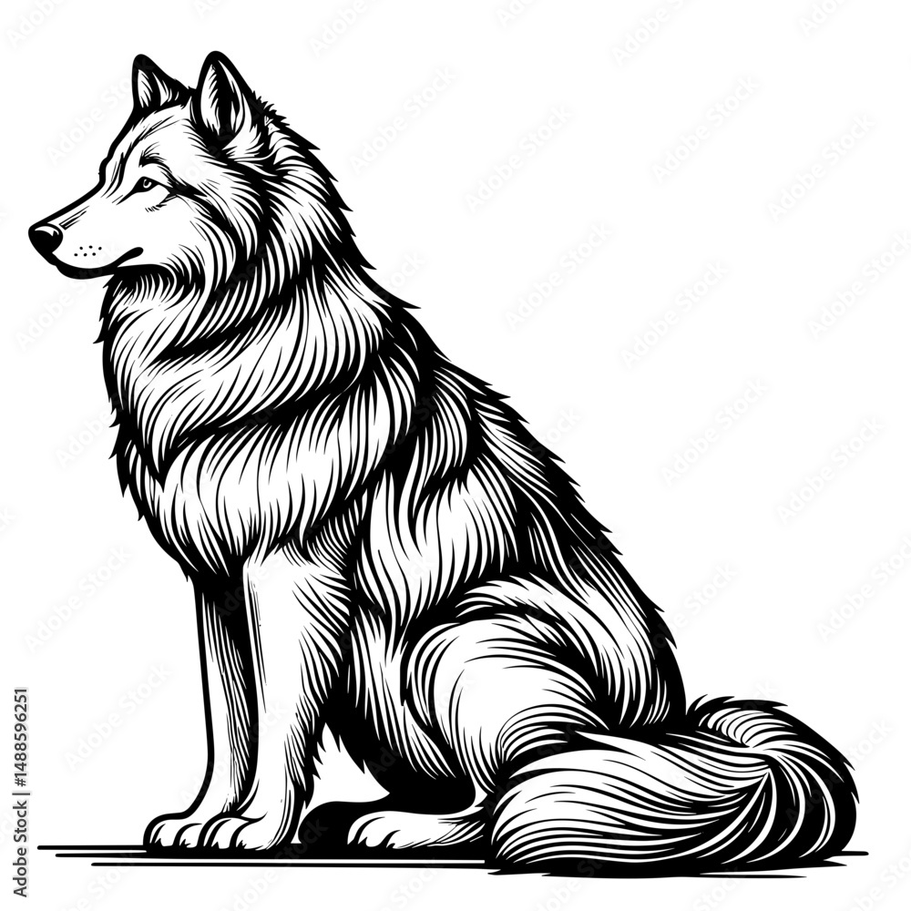Fototapeta premium Detailed illustration of a sitting wolf with a fluffy coat 