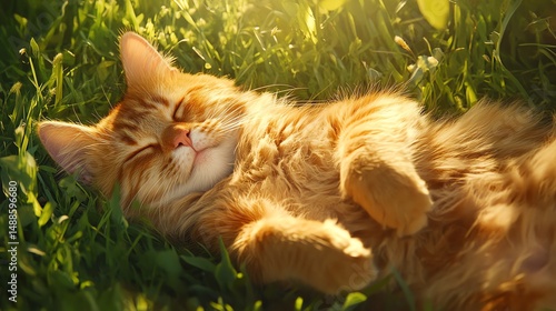 A serene domestic cat lies peacefully on a bed of lush green grass, soaking up the warm sunlight. Its fluffy fur glistens in the glow, embodying the tranquility and joy of nature.